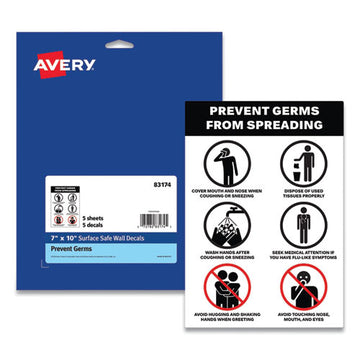 Avery® Preprinted Surface Safe Wall Decals, 7 X 10, Prevent Germs From Spreading, White-black Face, Black Graphics, 5-pack freeshipping - TVN Wholesale